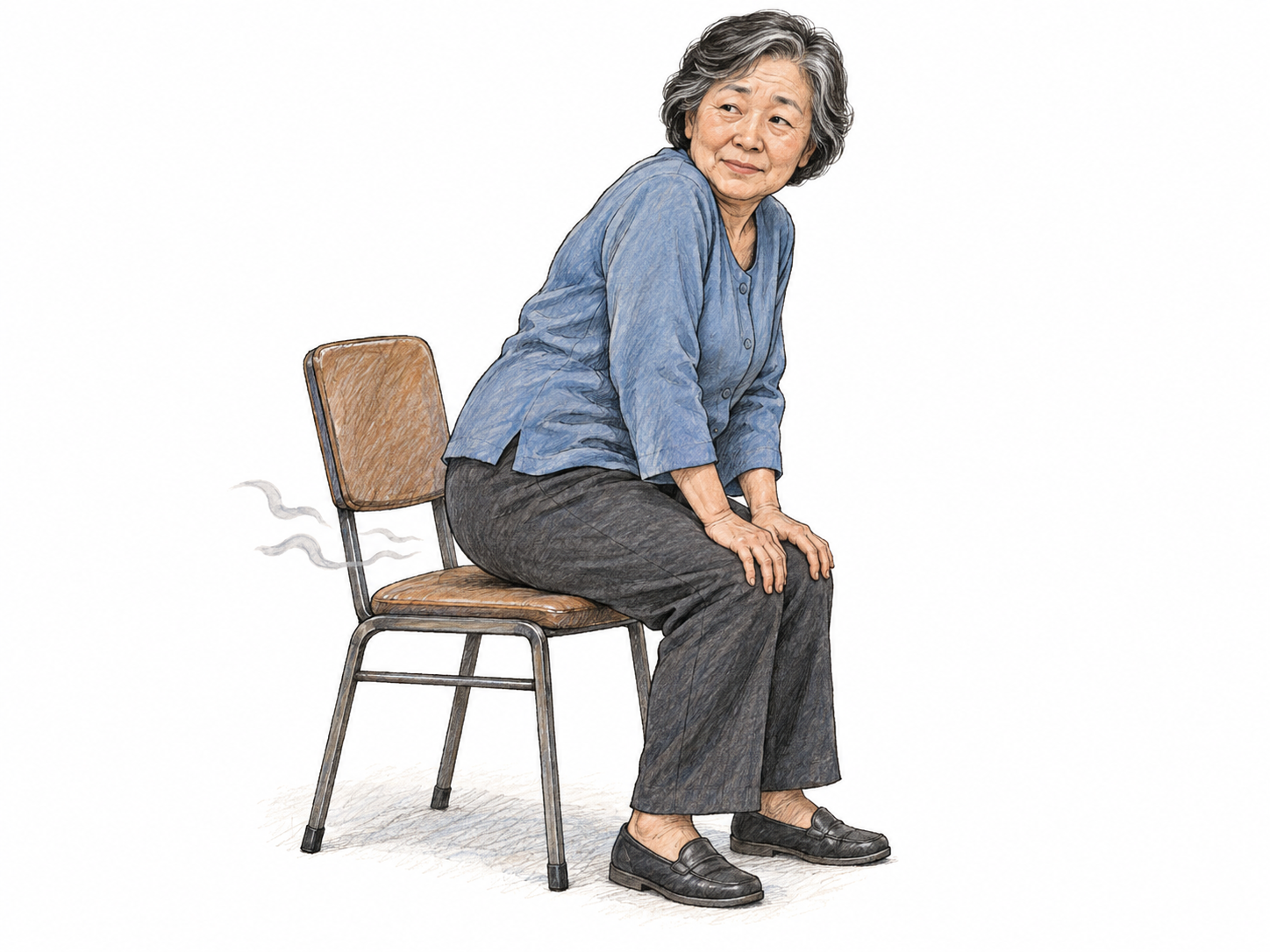A fully clothed older woman slightly lifts one hip from a chair as a small, understated set of drawn air wisps emerges directly behind her trouser seat, making the bodily source of the released gas clear.