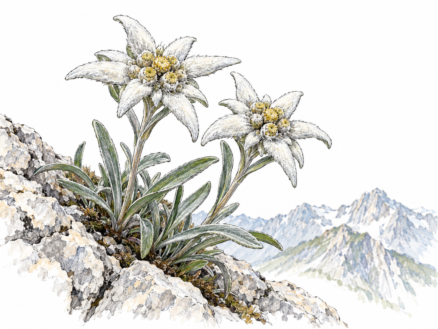 A close view of a small edelweiss plant growing in a rocky alpine crevice, with its distinctive woolly white star-shaped bracts and clustered yellow flower heads clearly visible; a spare distant mountain ridge establishes the alpine habitat.