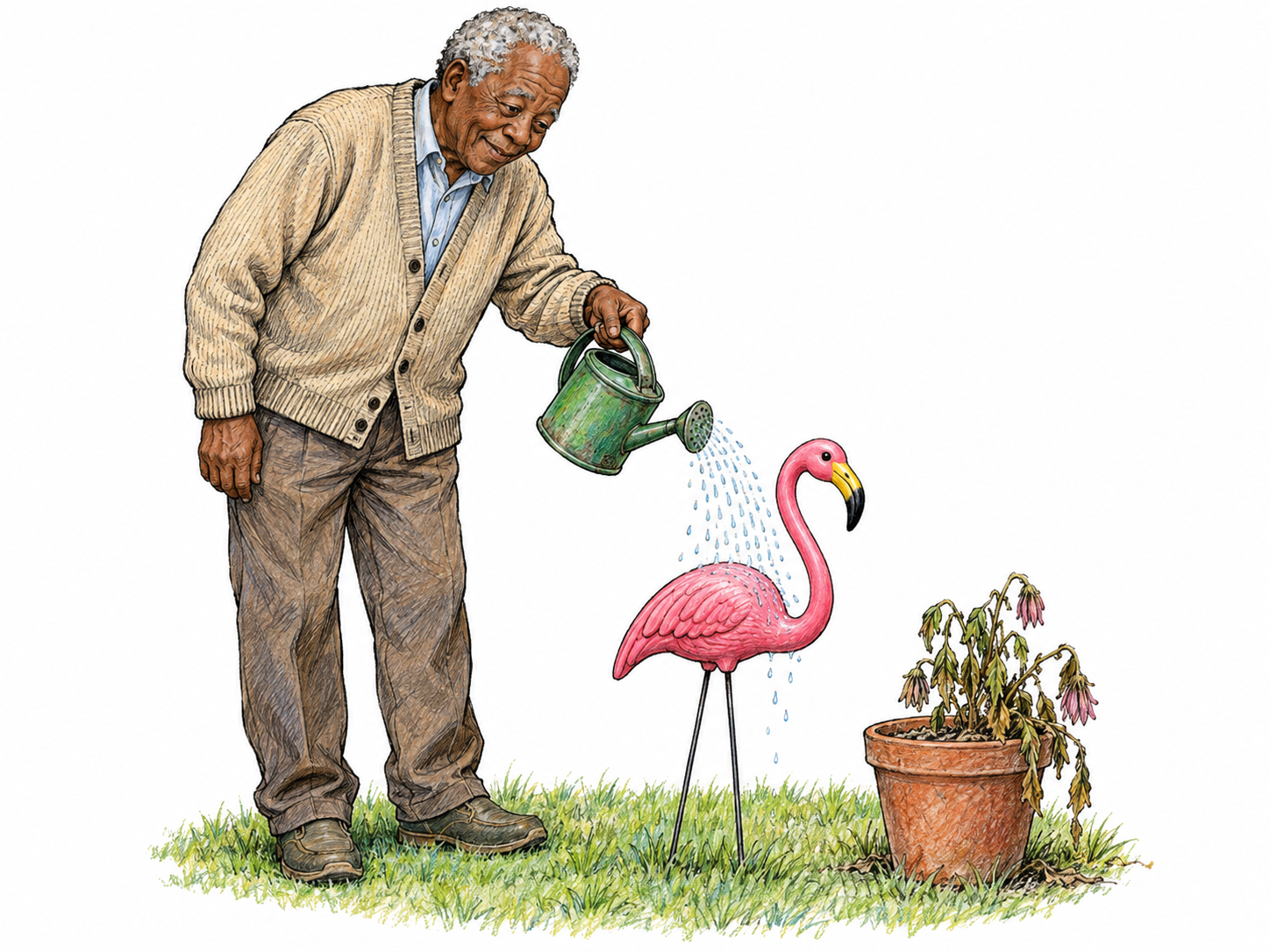 An elderly man waters a plastic flamingo while a real plant wilts.