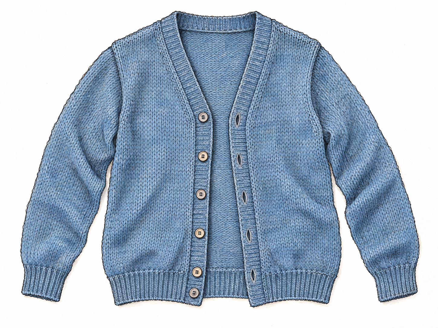 A single knitted cardigan laid flat, front facing up, with its full-length button opening visibly parted to distinguish it from a pullover.
