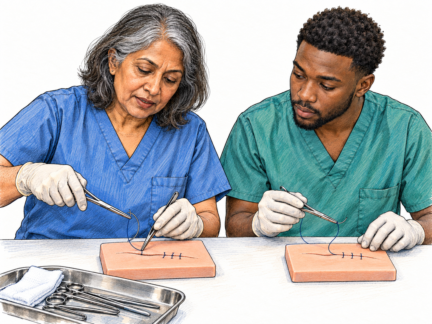 An experienced clinical instructor demonstrates suturing on a silicone practice pad while a trainee watches closely and practices the same technique on a second pad.