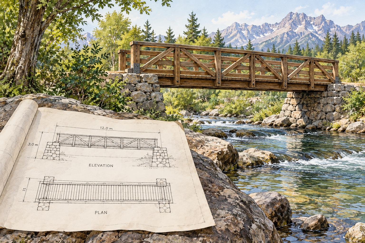 A finished real footbridge stands beside the old paper blueprint, existing reality.