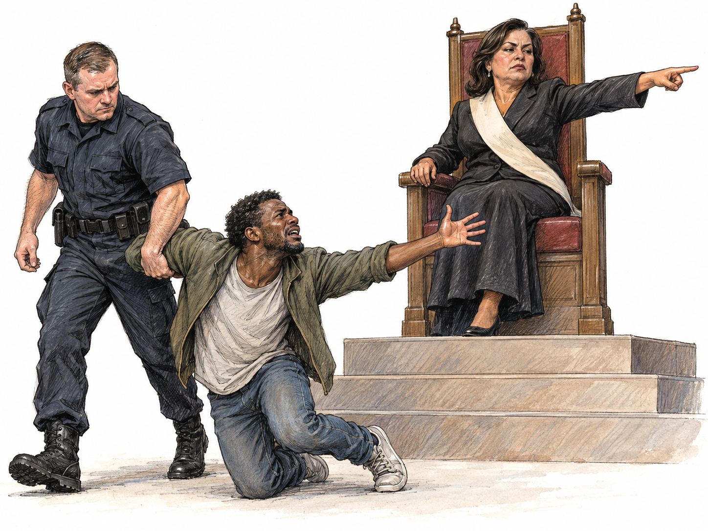 An authoritarian ruler on a raised ceremonial chair orders a guard to drag away a kneeling civilian who is pleading before her.