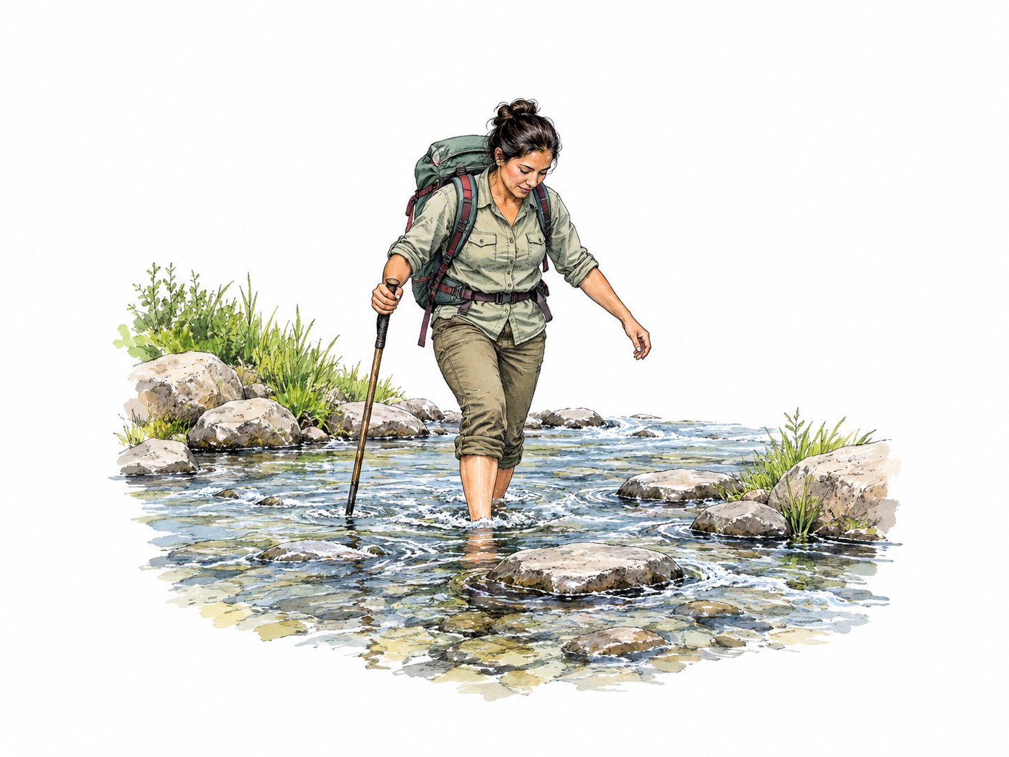 Traveler crosses stream where water is ankle-deep over flat stones, visible shallow channel.