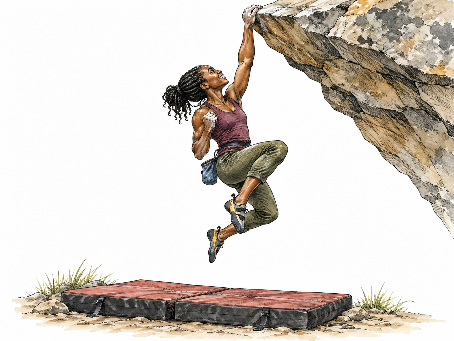 A Black woman climber completes a difficult overhang above a safe crash mat.