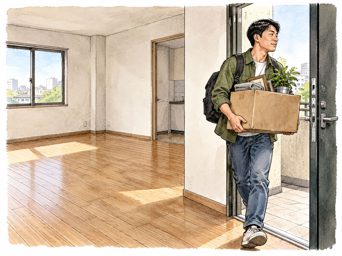 East Asian renter carries last box through doorway leaving empty apartment behind.