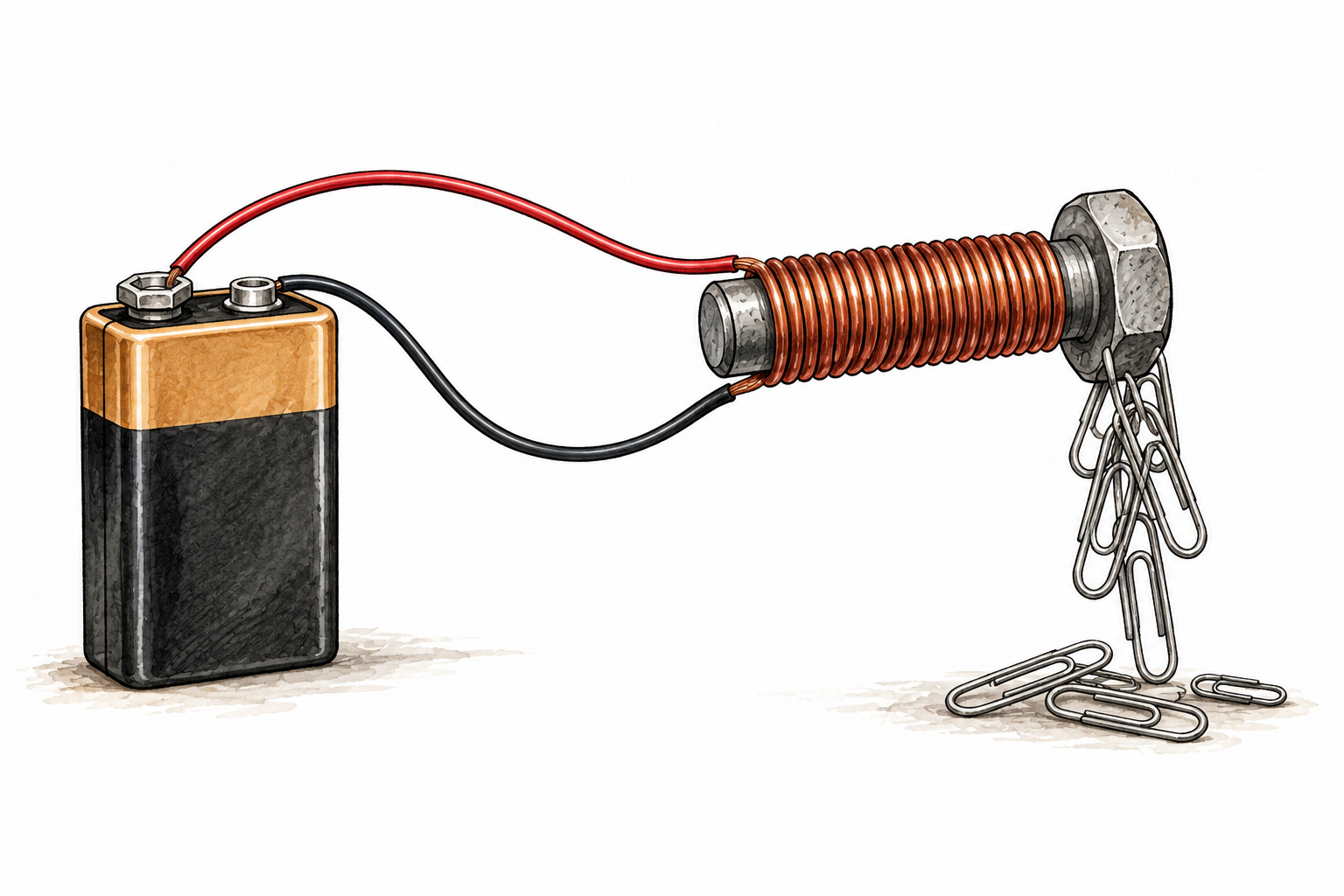 A battery connected by two clear wires to insulated copper coil around iron bolt, bolt lifts paper clips, physically coherent simple electromagnet.