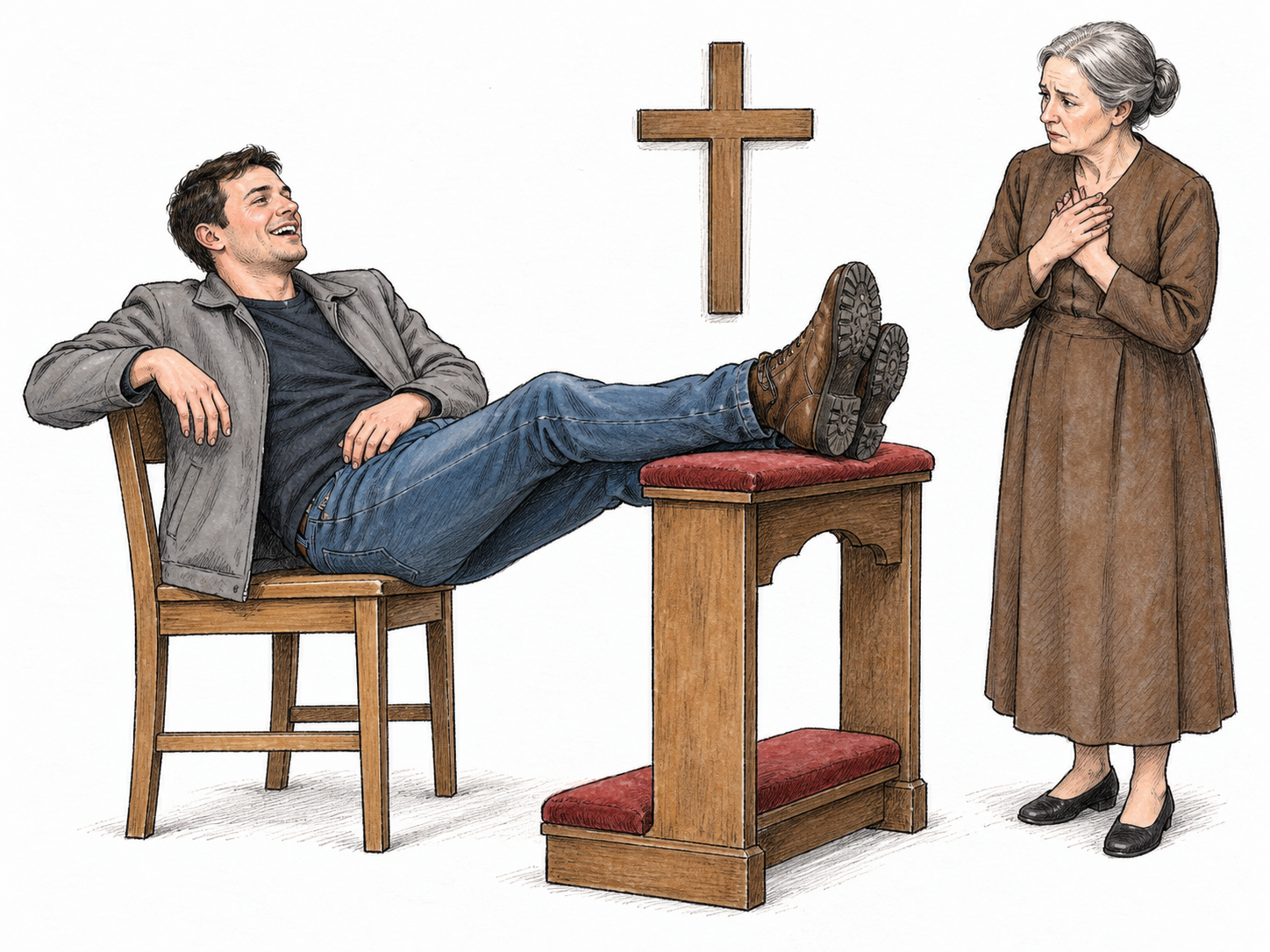 Disrespectful visitor lounges with boots resting on a small church prayer bench near a simple cross, careless laughing expression while reverent older visitor looks dismayed.