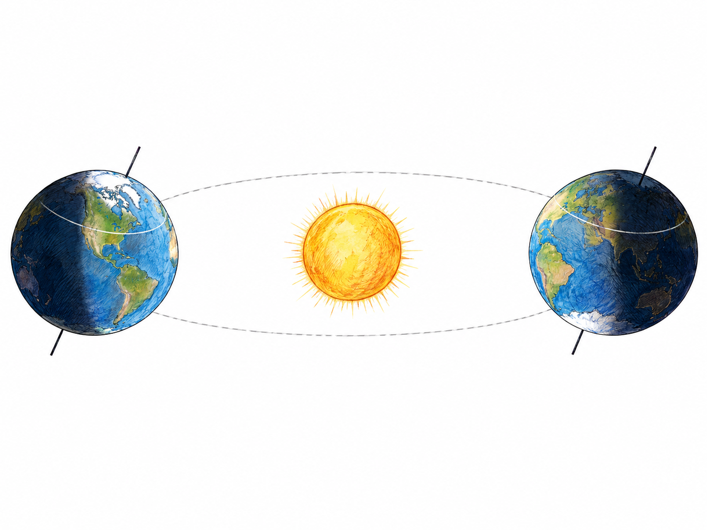 A compact astronomical illustration of Earth at the two solstices: a central Sun and two opposite orbital positions, with Earth's parallel tilted axes making the northern polar region continuously illuminated on one side and continuously dark on the other.