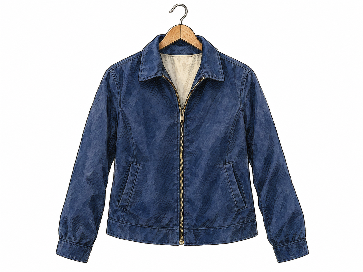 A single hip-length jacket displayed front-facing on a simple hanger, with long sleeves, collar, front zipper and pockets clearly visible.