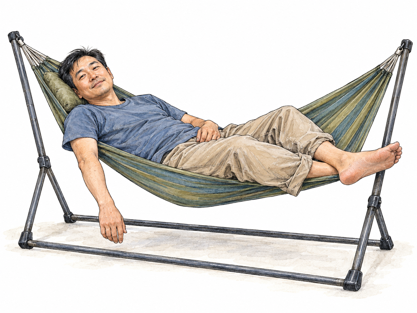 A contented, heavy-limbed man lounges diagonally in a hammock, half-open eyes and a faint smile showing pleasure rather than illness or exhaustion.