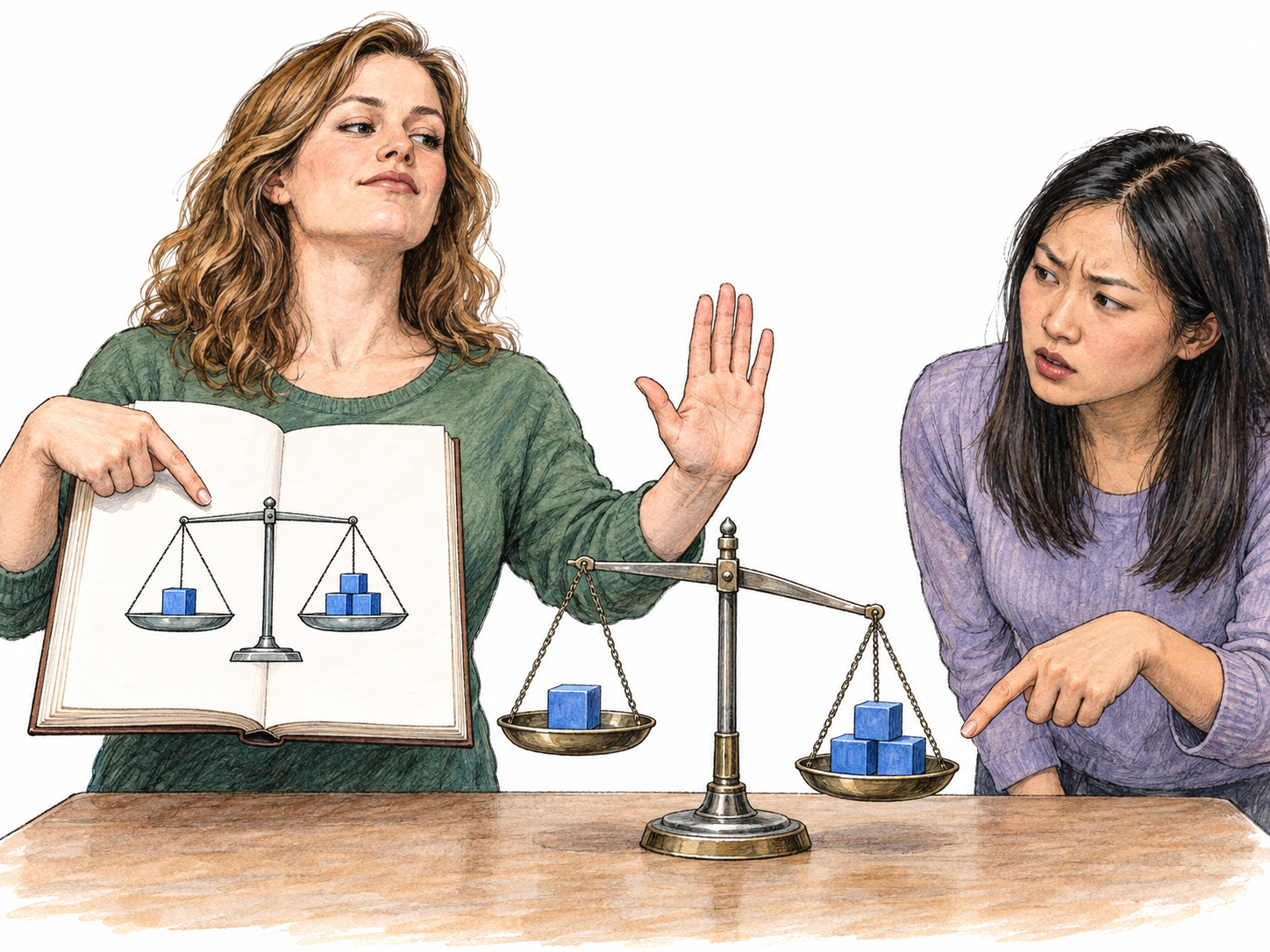 Treating a printed teaching as gospel: a reader confidently insists on a book's illustrated claim while dismissing a directly contradictory tabletop demonstration.