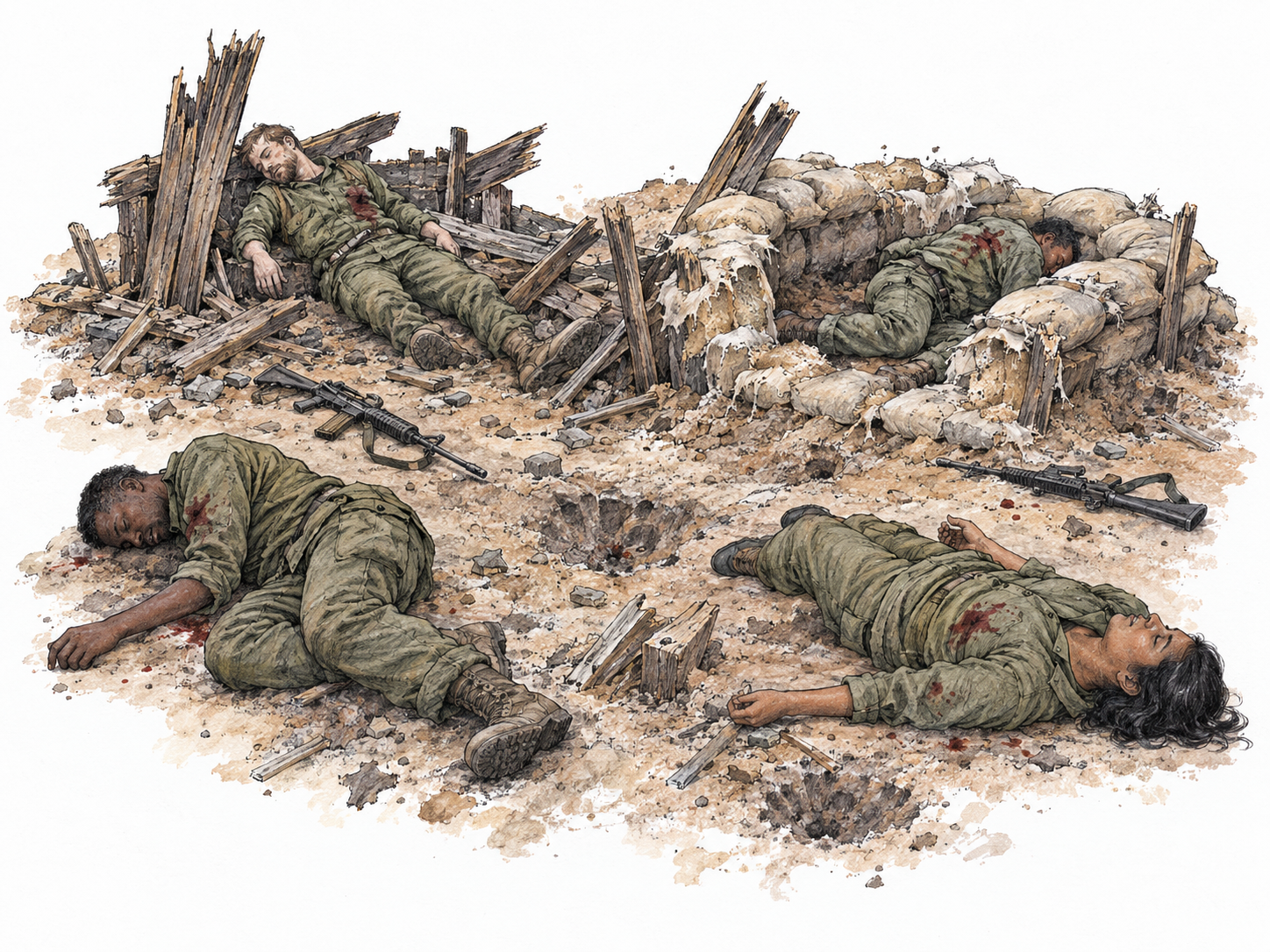 A restrained, non-graphic battlefield aftermath: four fallen adult soldiers lie motionless across a compact blast-scarred area, with small bloodstains, abandoned weapons and shattered cover making widespread deadly violence recognizable rather than merely damaged equipment.