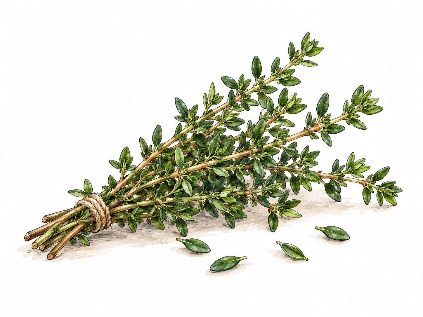 Fresh thyme sprigs with tiny oval green leaves beside a few leaves scattered on a kitchen surface.