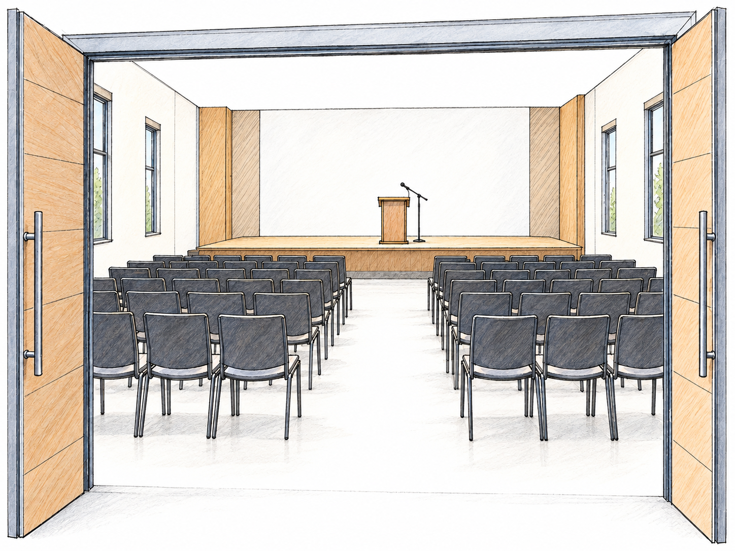 A small event hall viewed through its wide open entrance, with rows of chairs facing a raised stage equipped with a lectern and microphone.
