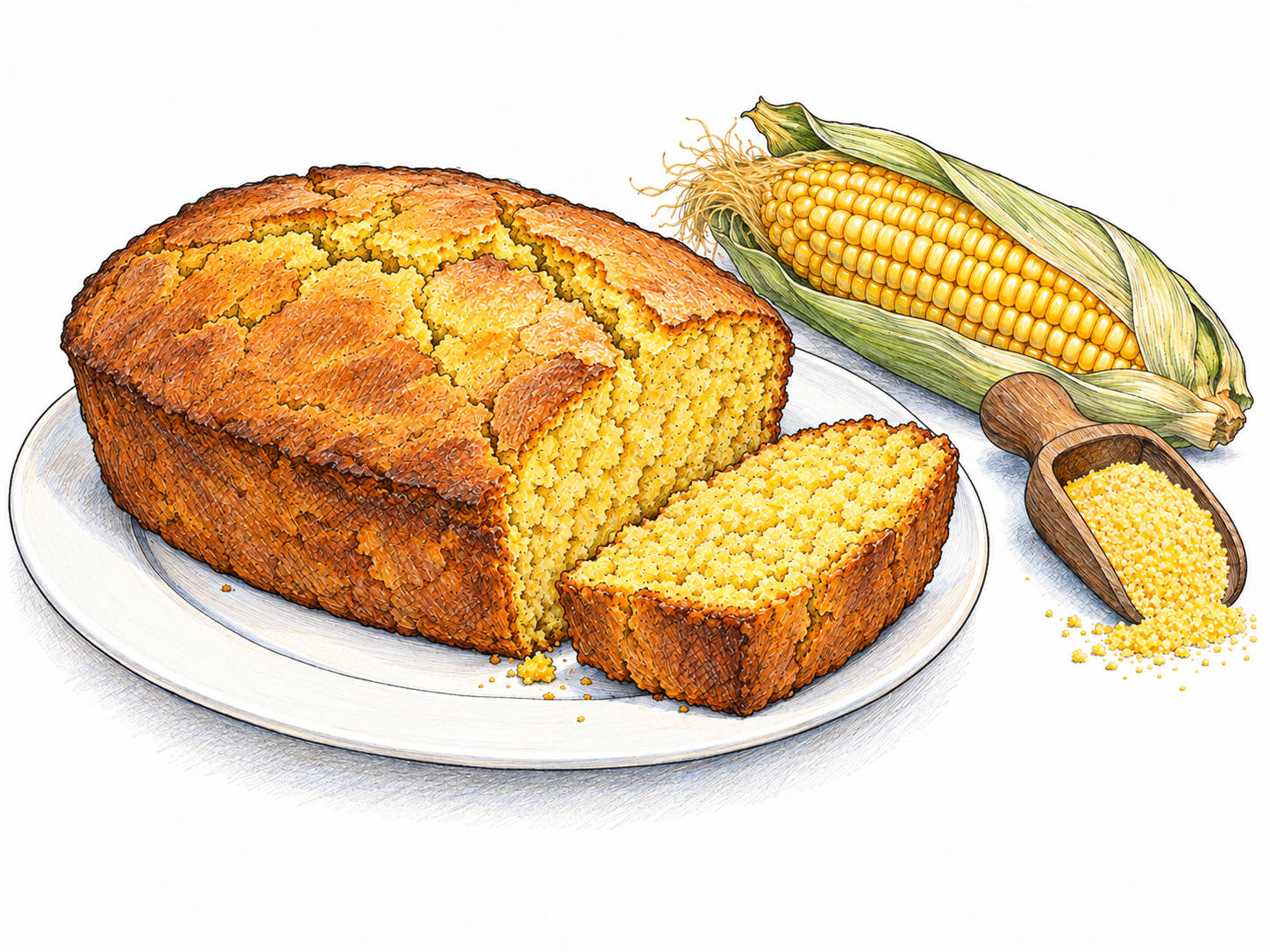 A small rustic cornbread loaf with one end cut away to expose its golden, coarse cornmeal crumb; a nearby ear of yellow corn and a little cornmeal clarify the ingredient.