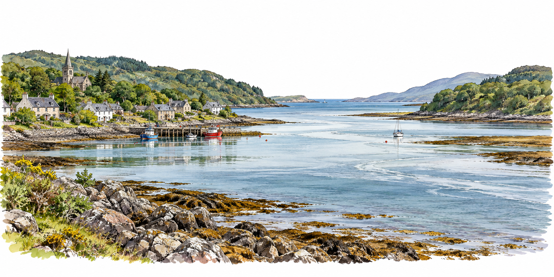 Scottish firth broad tidal inlet with low wooded hills, village and stone shoreline, estuary visibly opens to sea.