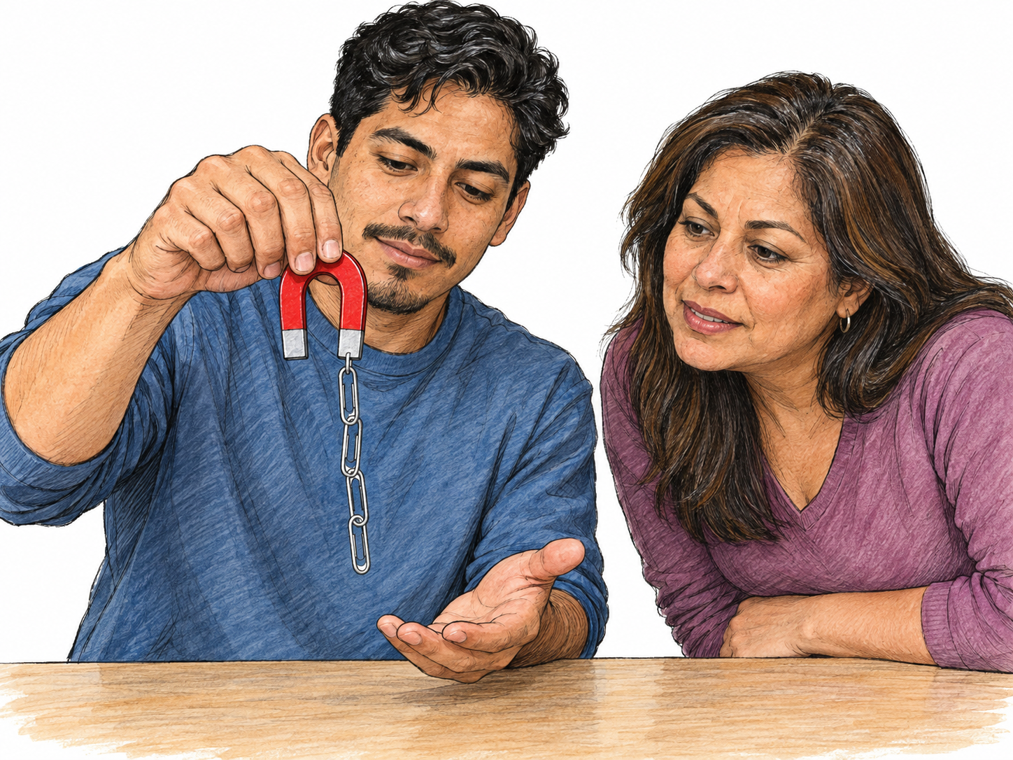 A young man visibly demonstrates magnetic attraction to an observer: a horseshoe magnet holds a dangling chain of steel paper clips without his hands touching them.