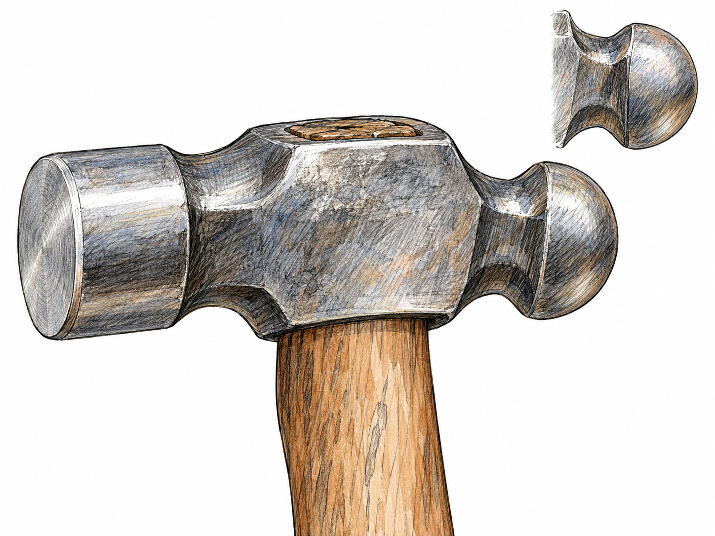 A close-up of a ball-peen hammer head in profile, with its rounded peen on the right visibly opposite the flat striking face on the left.