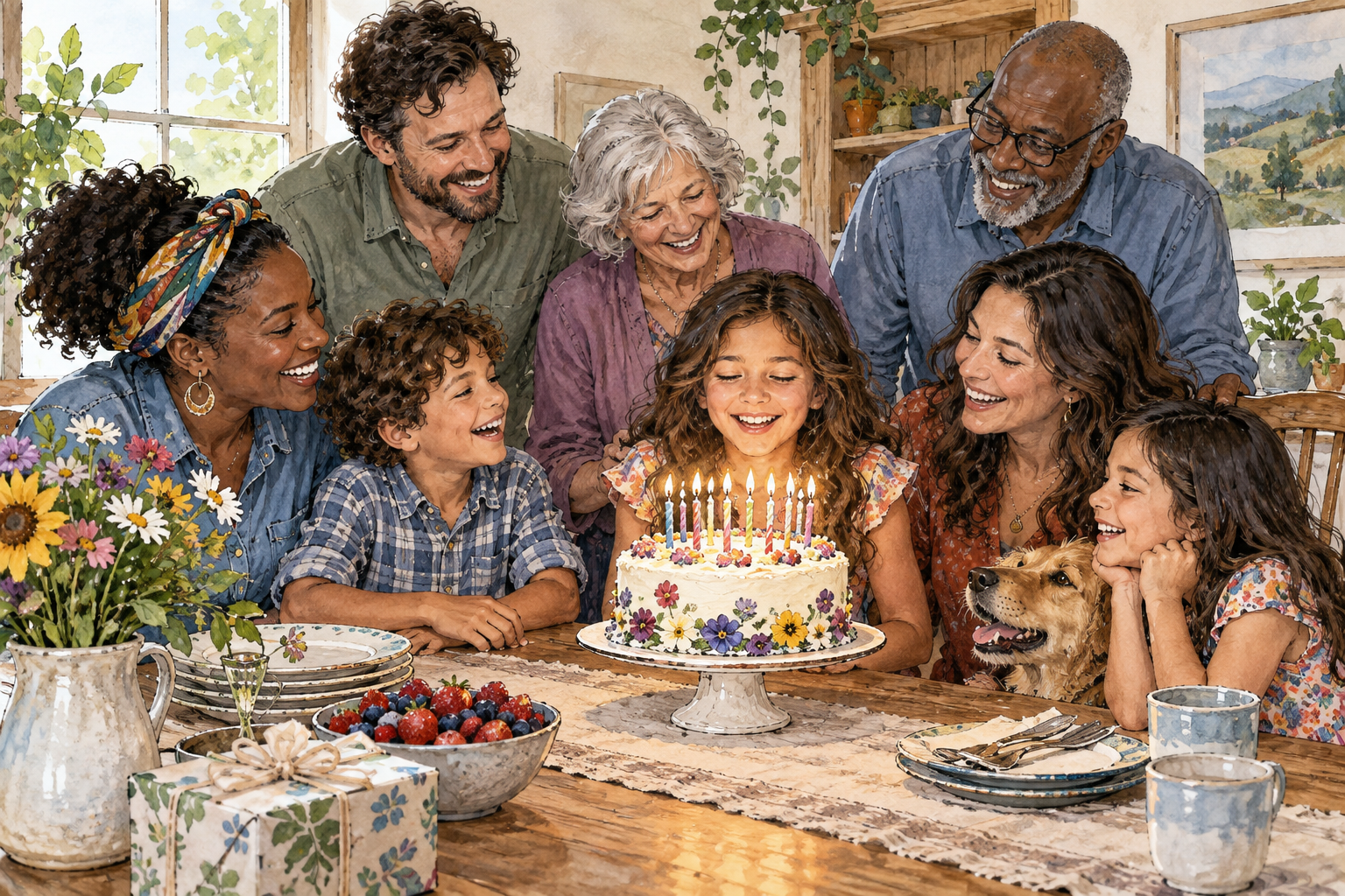 A joyful birthday celebration around a cake with unnumbered candles, friends of varied ages laugh together, no lettering or balloons text.