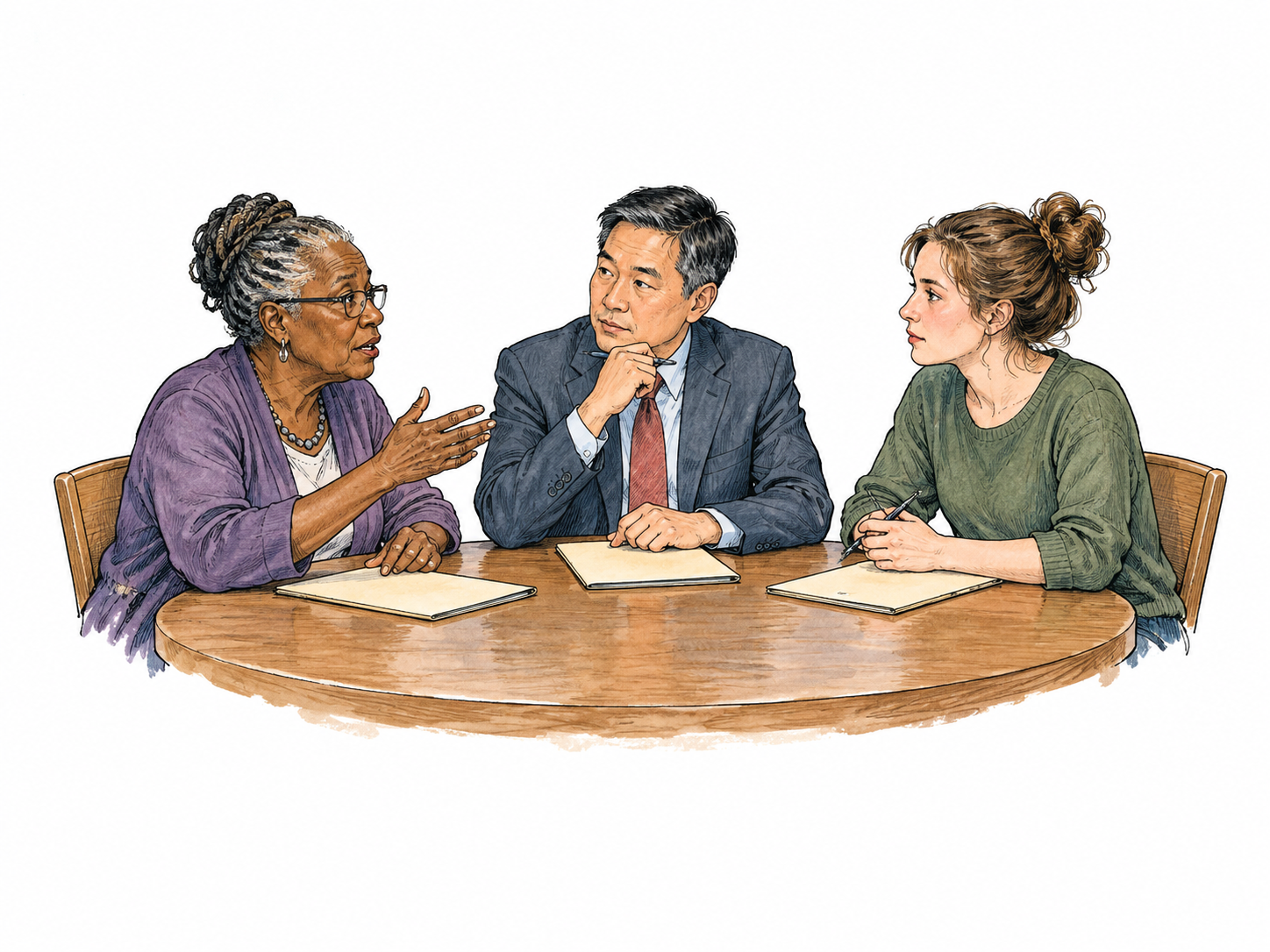 Modern civic council three members deliberate around table with blank folders, attentive and equal participants.