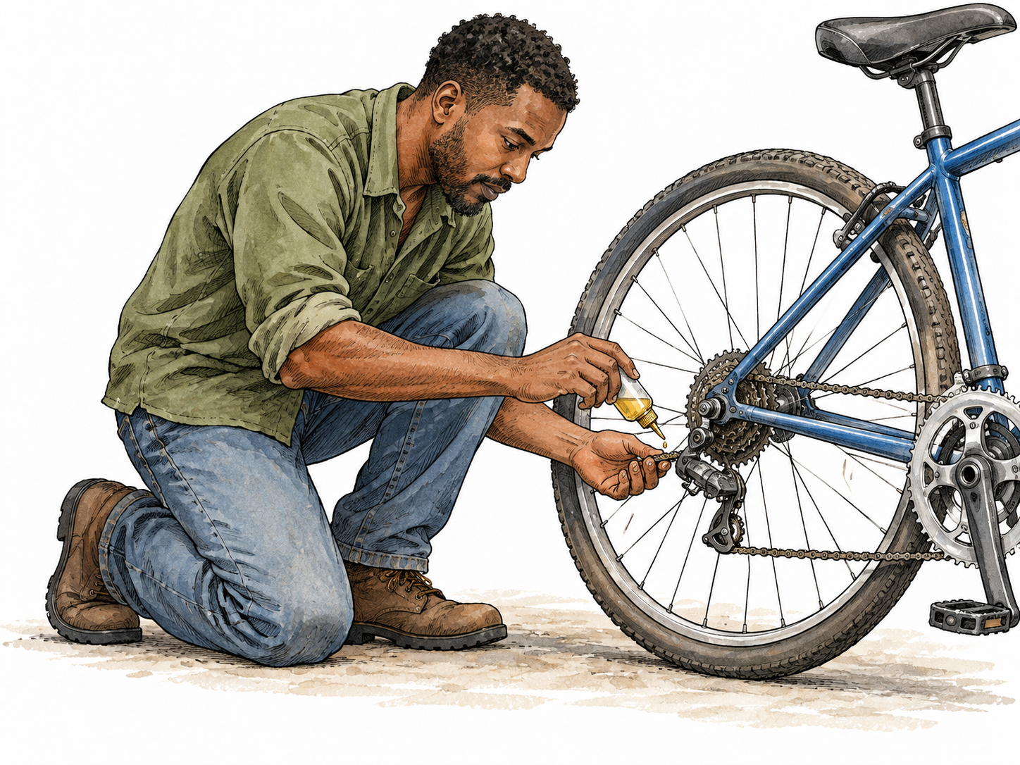 A Black mechanic carefully oils a bicycle chain to keep it working.