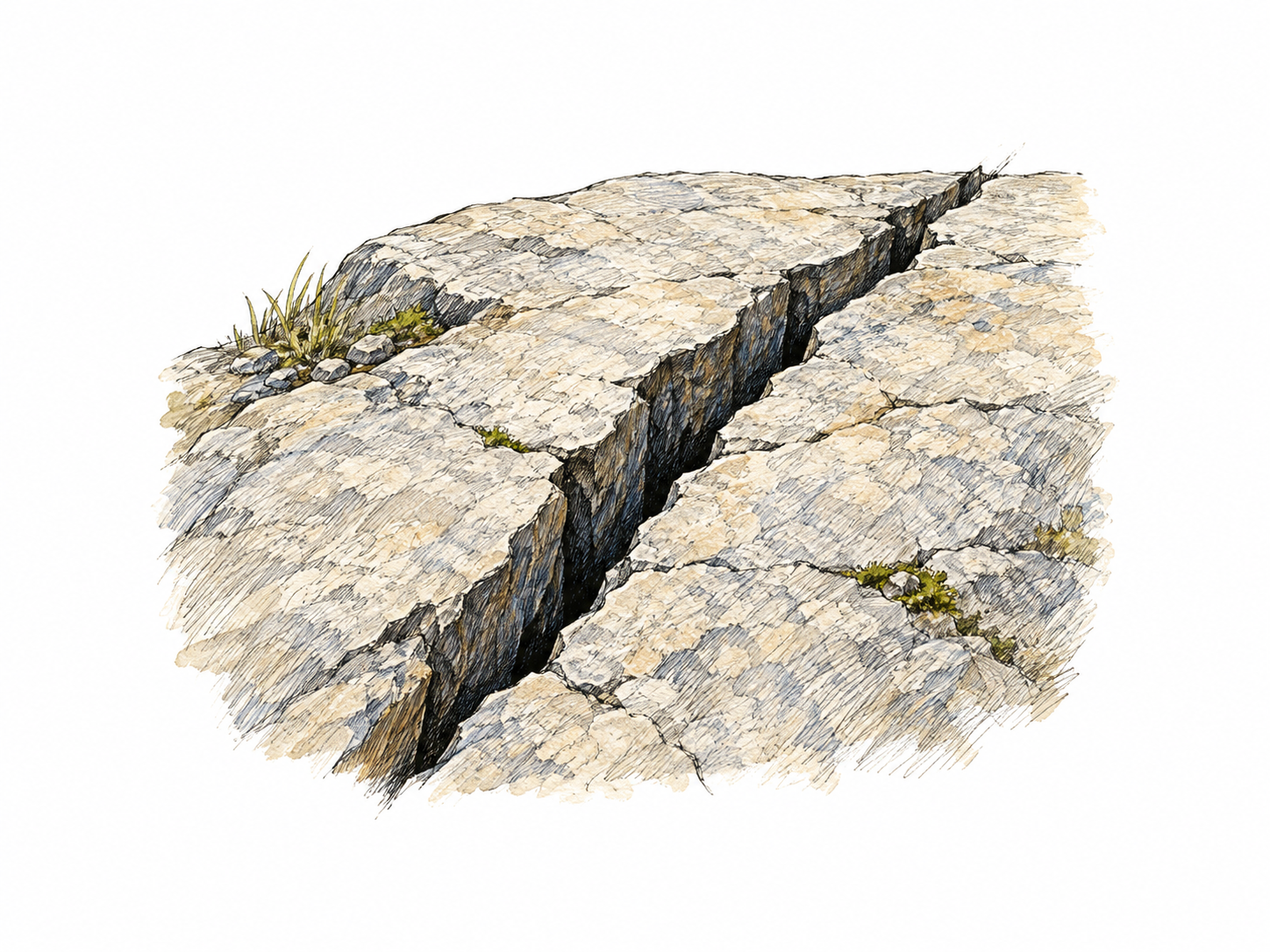 One long narrow jagged fissure runs through a pale rock slab, dark depth inside crack and connected unbroken stone on both sides; no canyon panorama.