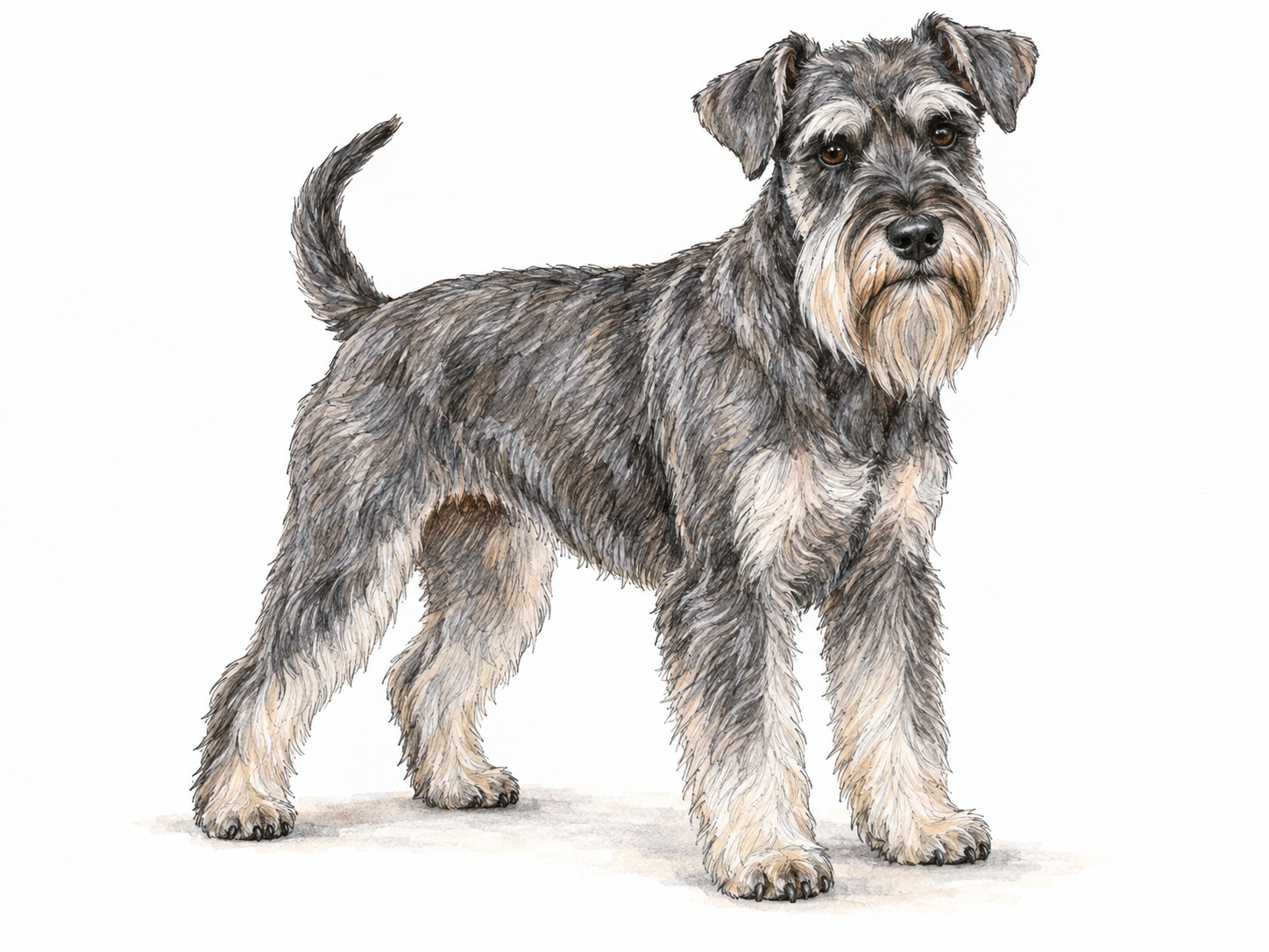 One salt-and-pepper schnauzer standing in three-quarter view, with its wiry coat, bushy eyebrows, and prominent muzzle beard clearly visible.
