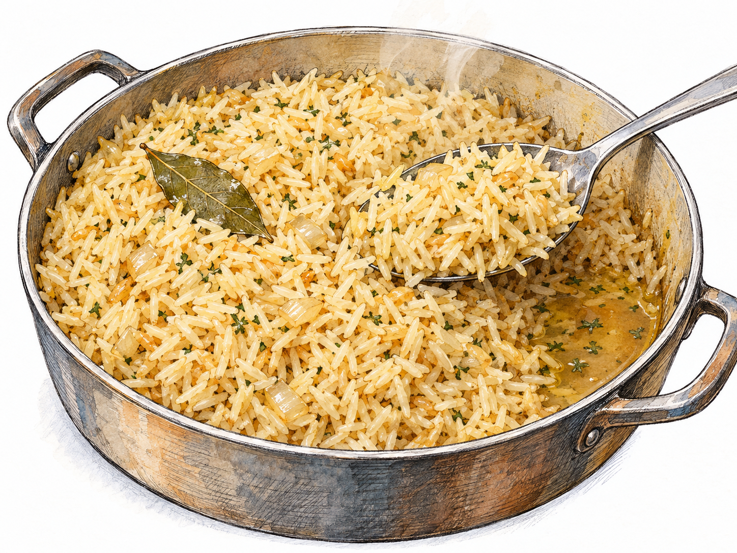A close view of rice pilaf in a shallow cooking pot, with fluffy golden grains lifted on a serving spoon and a little seasoned broth visible between the rice at the pot's edge.