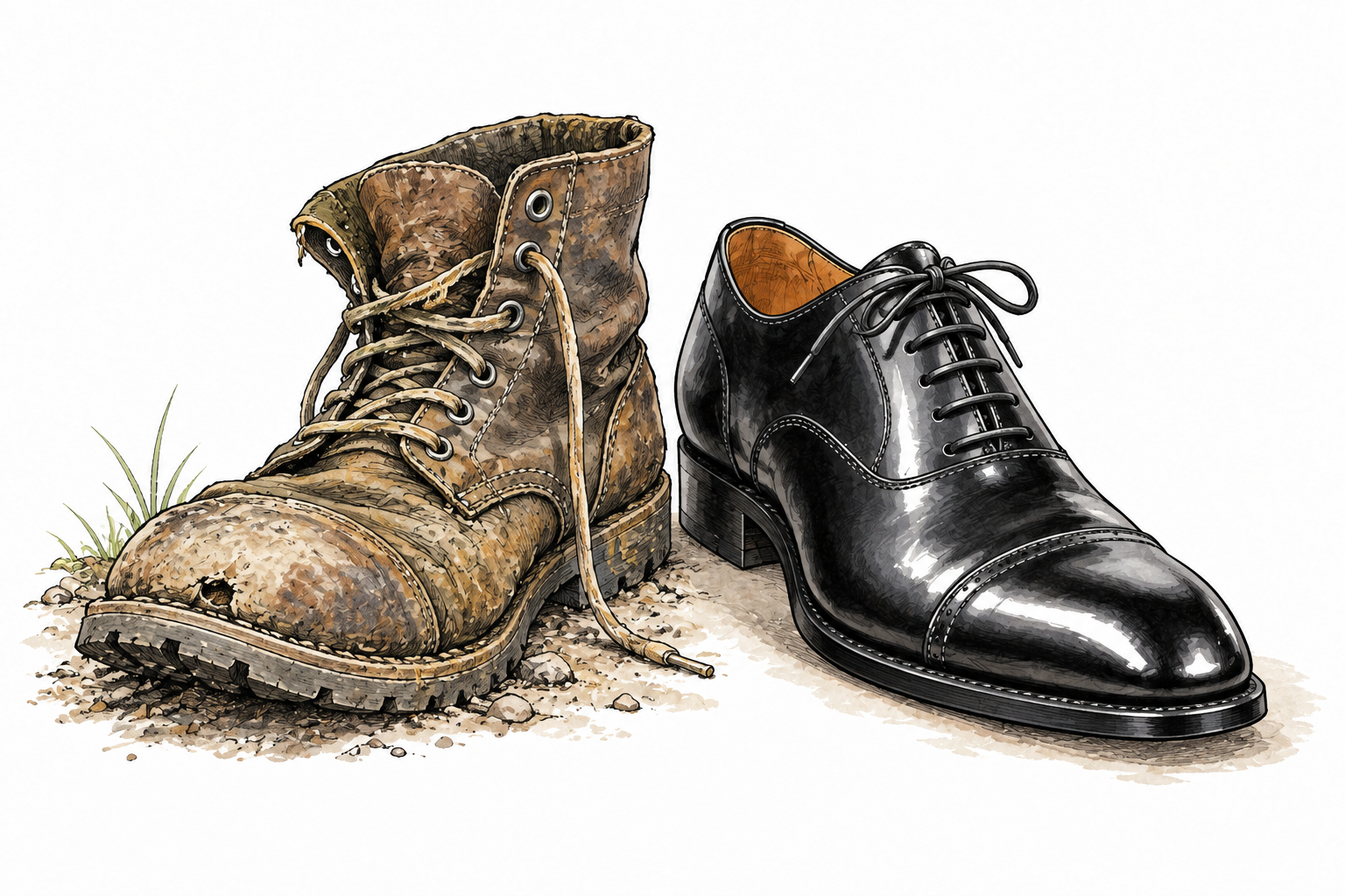 An old weathered boot and a pristine polished formal shoe stand directly side by side, sharp comparison of textures, no text.