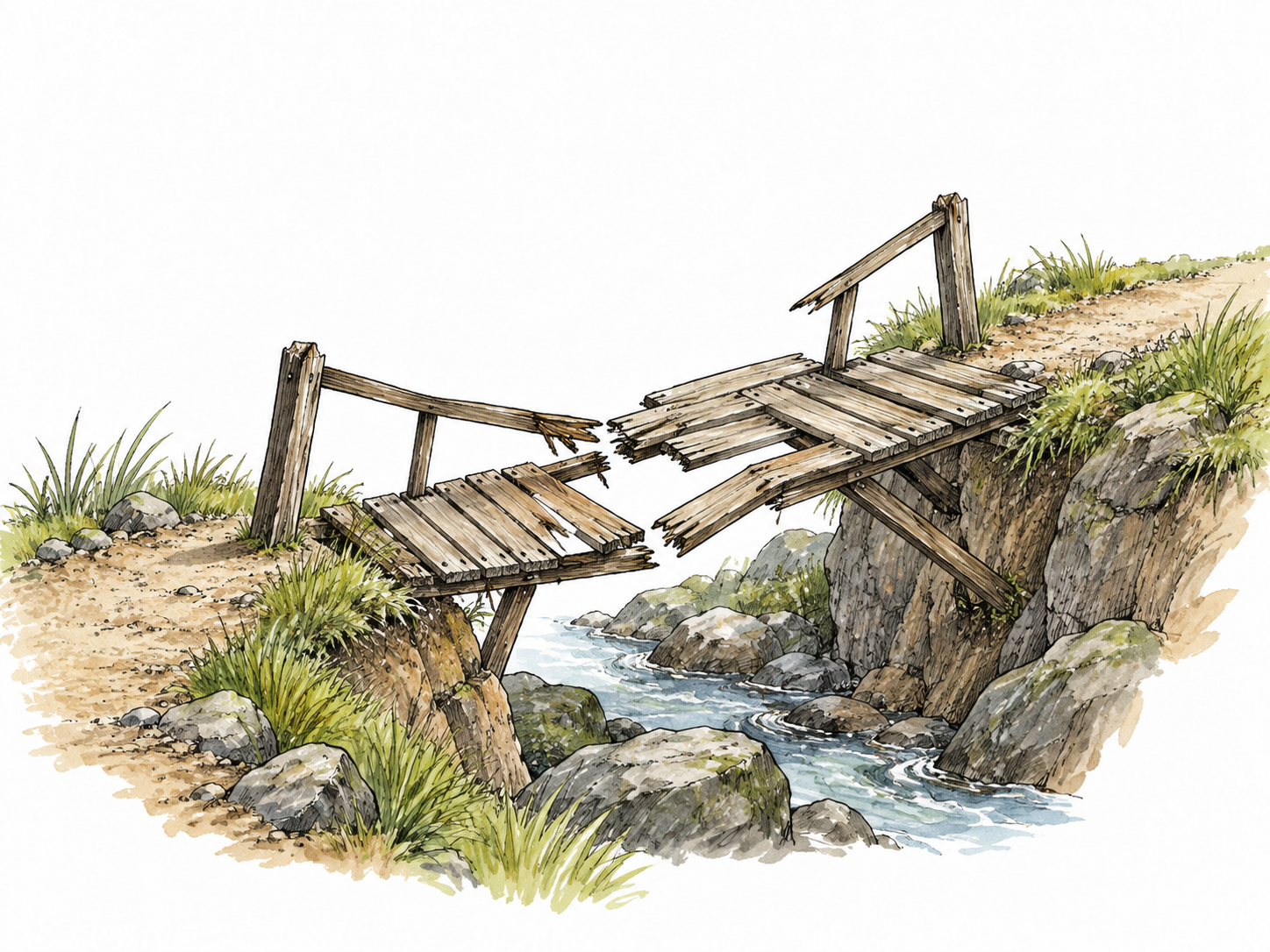 A cracked unstable bridge on a planned walking route makes onward travel difficult.