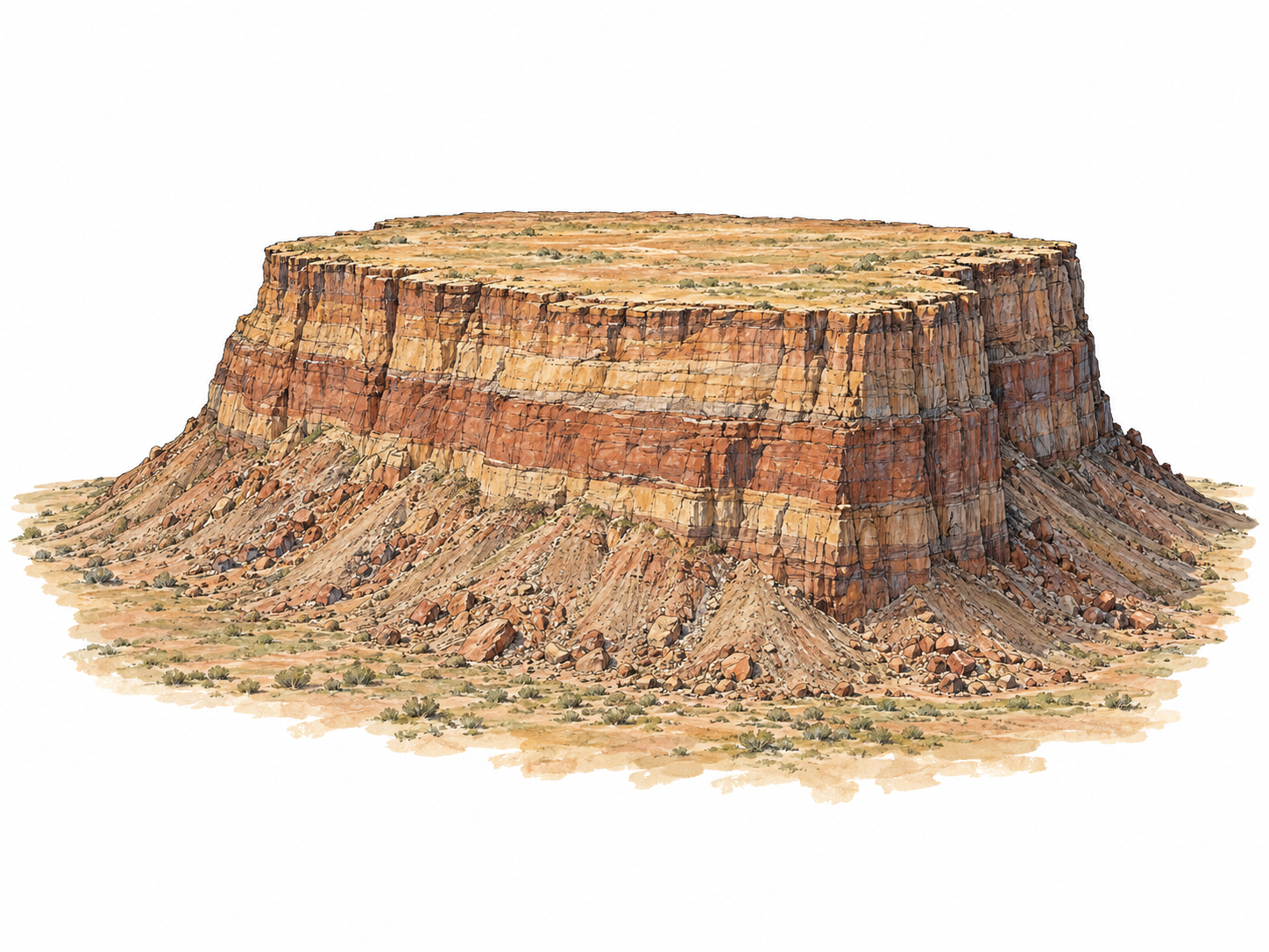 A single broad, flat-topped mesa rises above a sparse plain, its level summit and steep rock sides clearly visible.