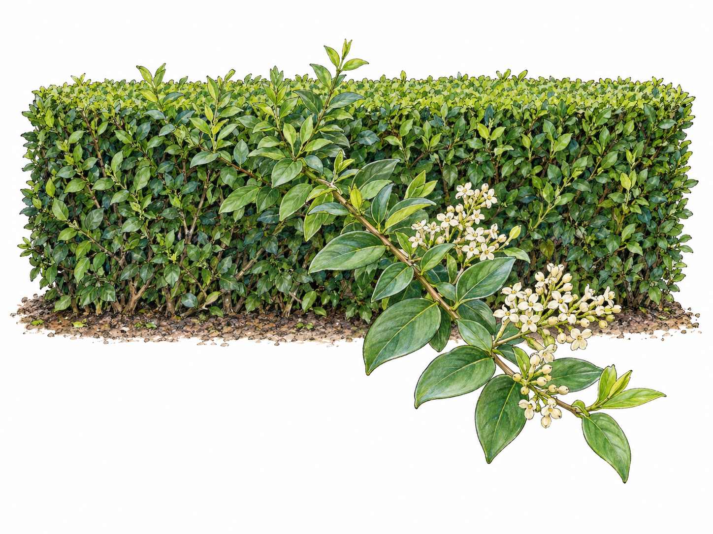 A recognizable privet hedge with an untrimmed flowering shoot in the foreground, showing its small opposite oval leaves and clusters of tiny creamy-white flowers.