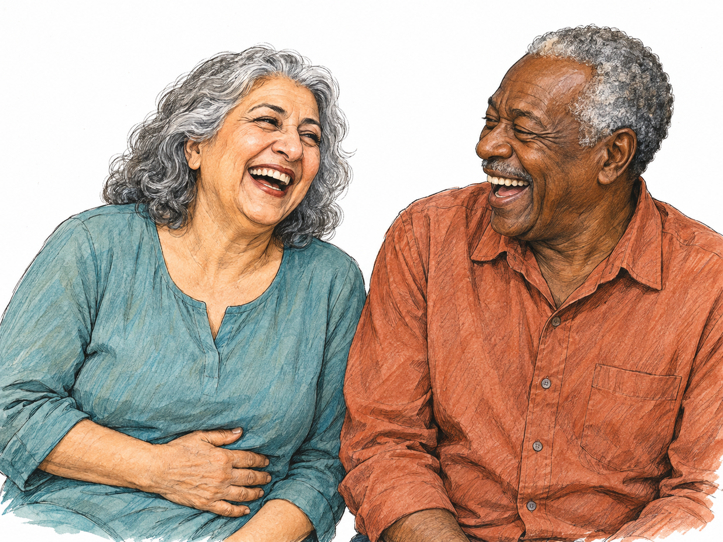 Two older adults sharing unmistakable laughter, with broad open smiles, crinkled eyes, and relaxed, gently doubled-over postures.