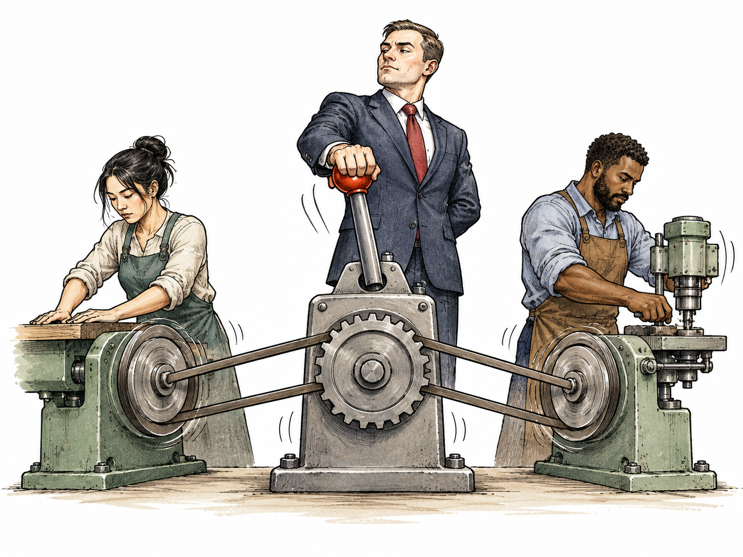 A dominant business leader controls a central lever that sets three linked workshop machines in motion, symbolic controlling influence, no text or logos.