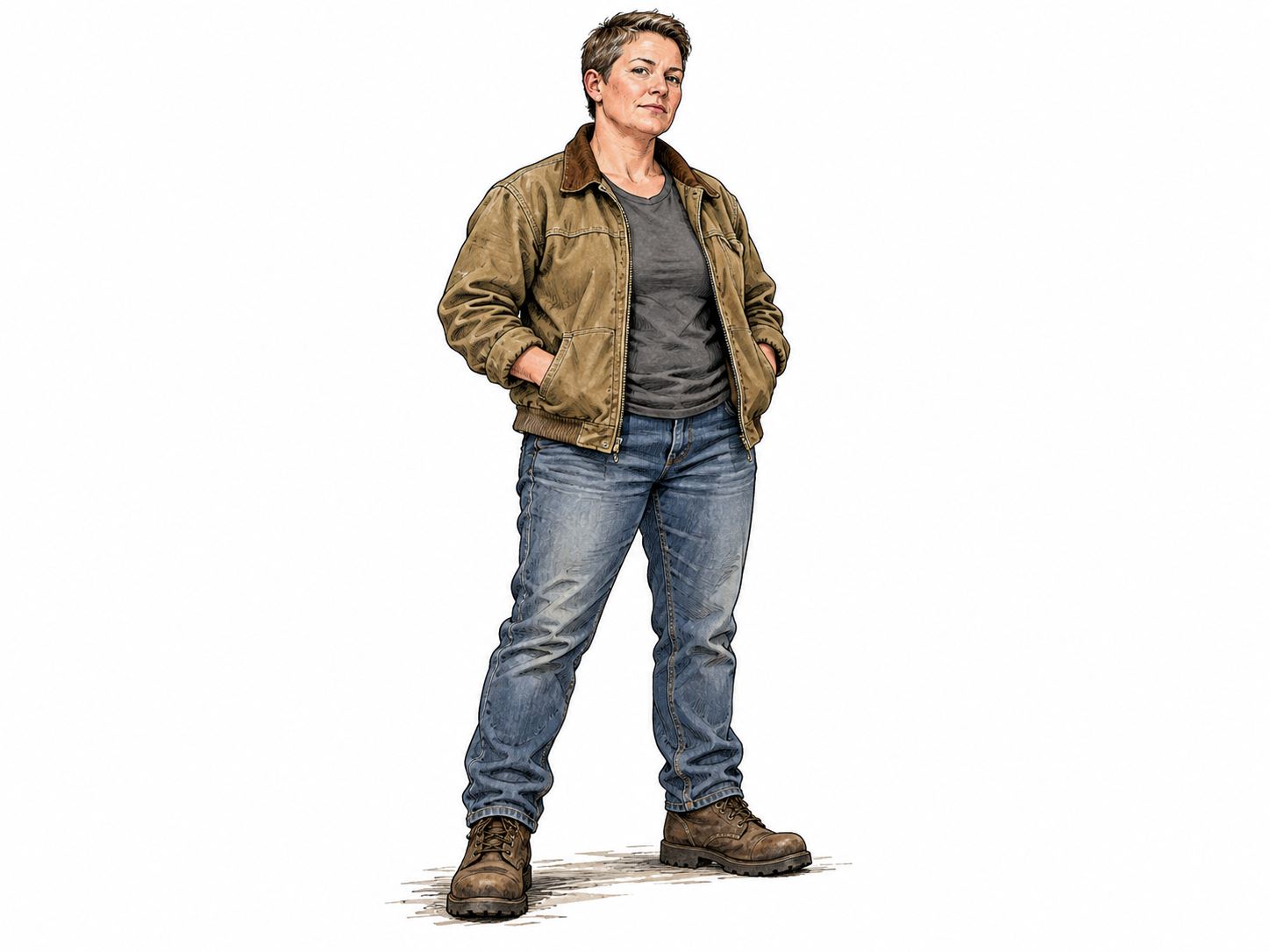 A confident adult woman with short cropped hair, sturdy boots and a plain work jacket stands in a relaxed traditionally masculine presentation; dignified and natural, no caricature or sexualization.