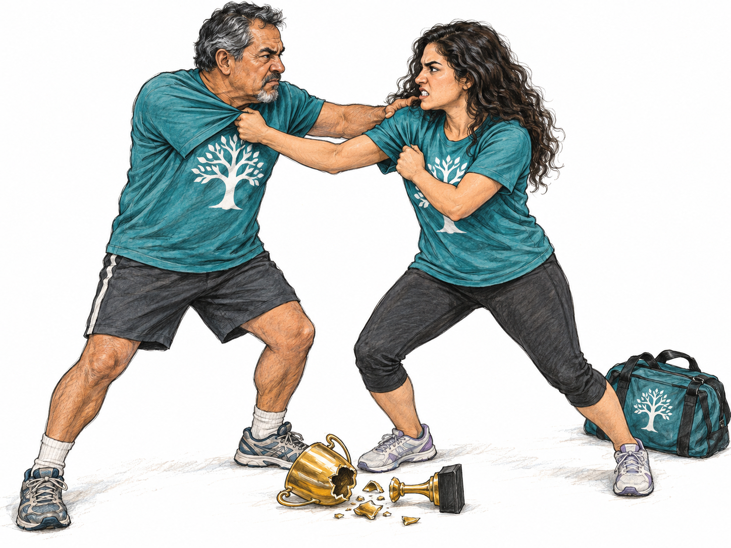 Two members of the same sports club fight each other beside their shattered team trophy.