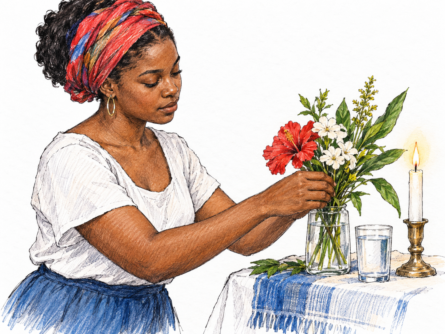 A contemporary Haitian Vodou practitioner quietly tending a small devotional altar with flowers, a glass of water, and a lit candle.