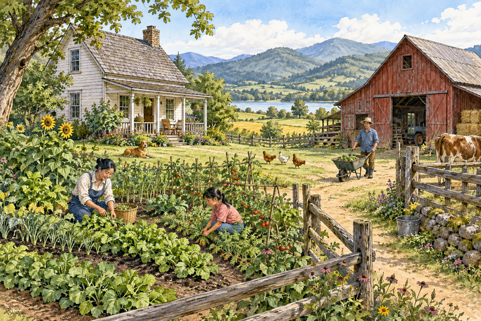 A modest family farmhouse with vegetable garden, barn and surrounding fields, inhabited rural homestead.