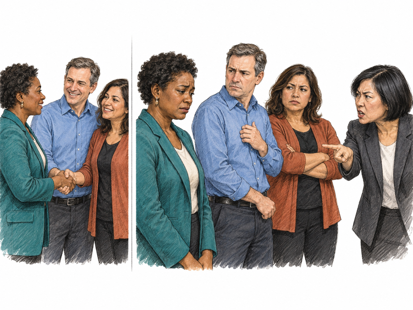 A compact two-panel scene shows a respected colleague being publicly vilified: a cordial greeting becomes social rejection while an angry critic denounces her to the same listeners.