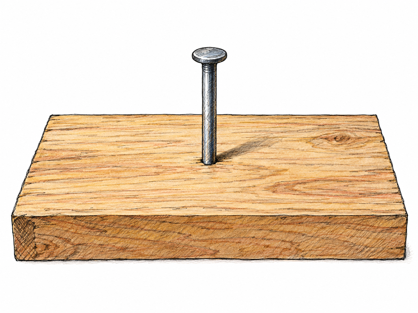 A nail embedded in a wooden board has its head and a substantial length of shaft sticking out above the board's flat surface.