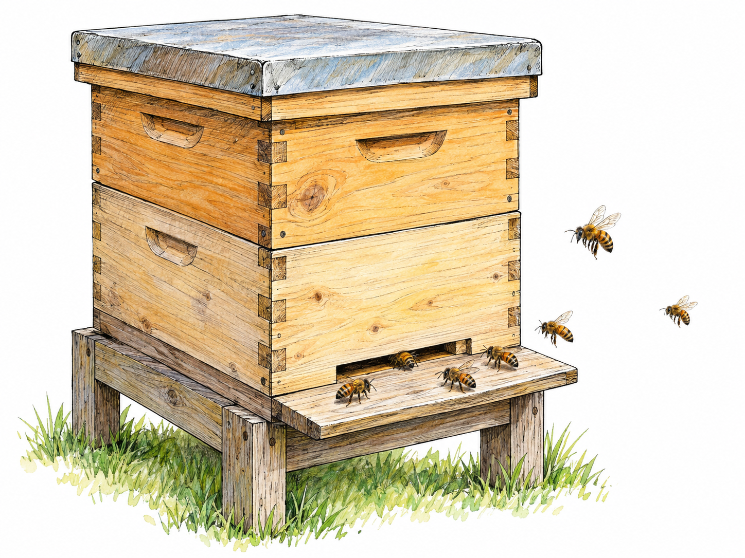 A single wooden beehive with stacked boxes, a protective lid, and an entrance where honeybees visibly land, enter, and emerge.