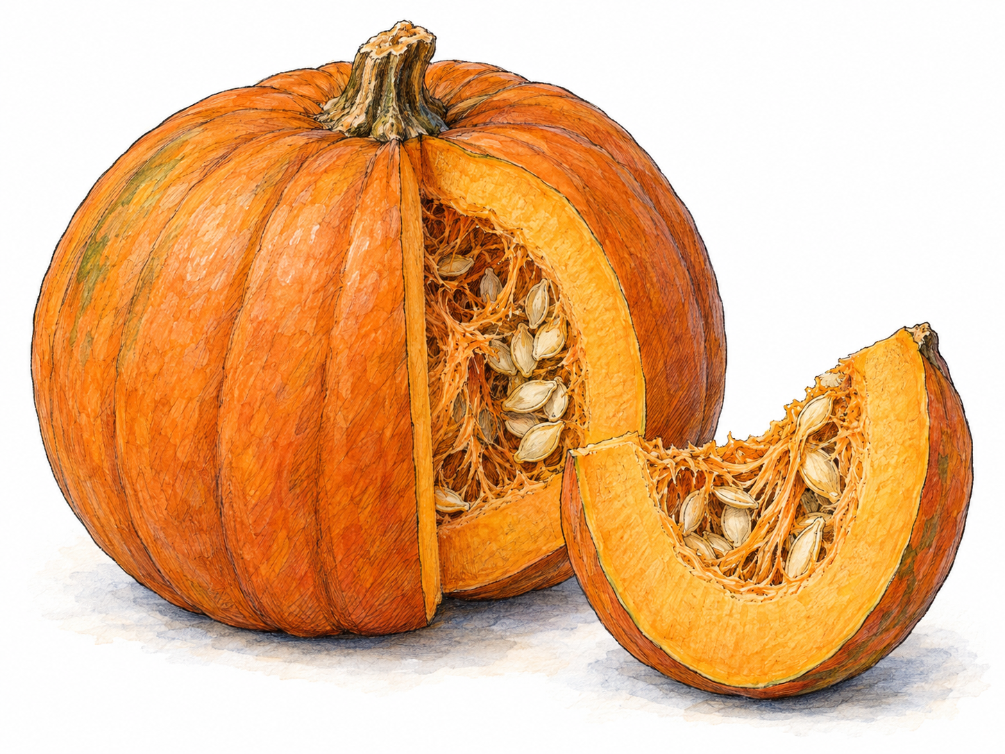 A large, round orange pumpkin with a wedge removed, revealing its thick orange flesh and seed-filled cavity; the removed wedge rests beside it.