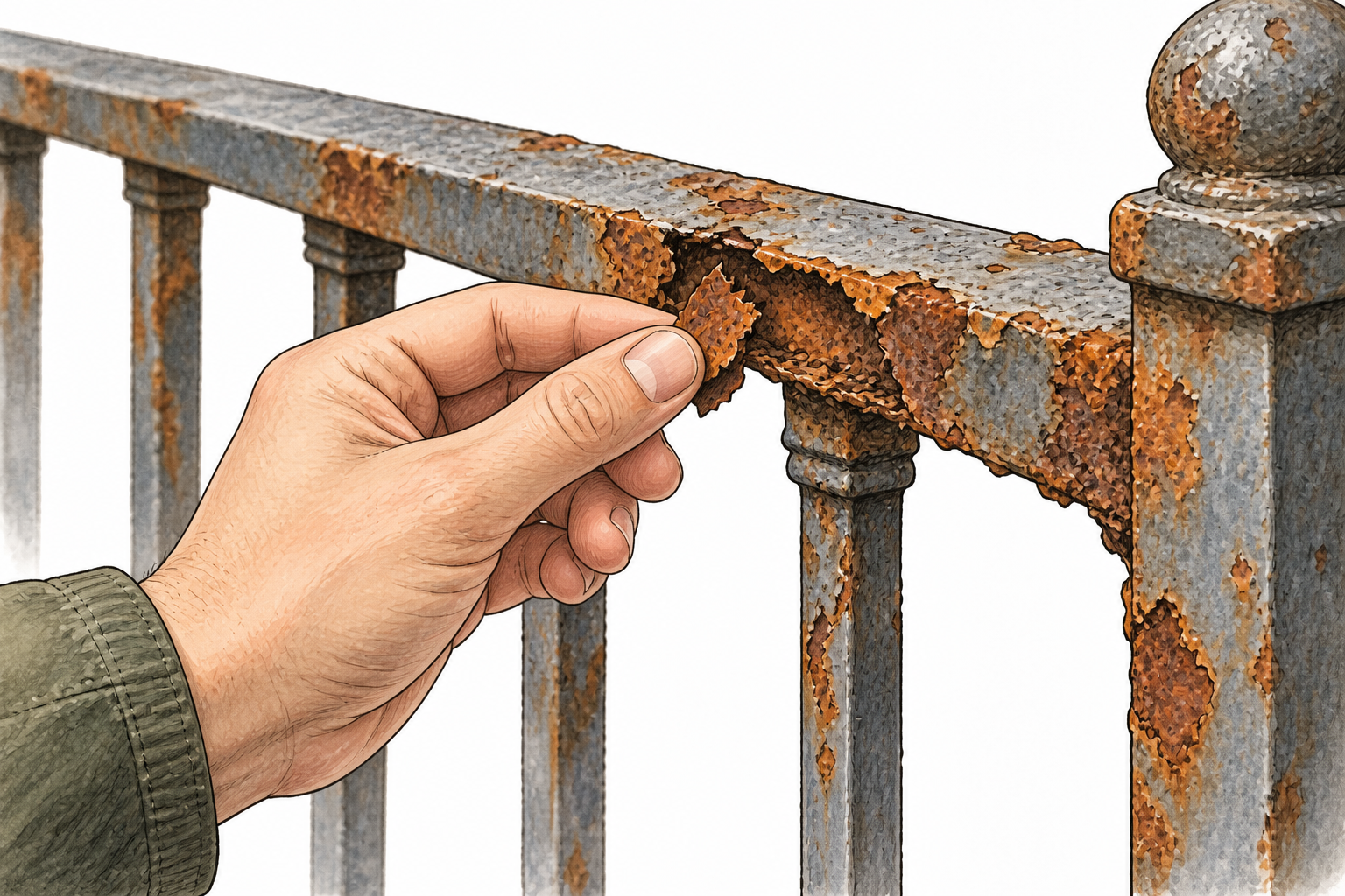 A close-up of an outdoor iron railing gradually corroding, flaking orange rust eating into gray metal, a hand examining a rough weakened section, no text.