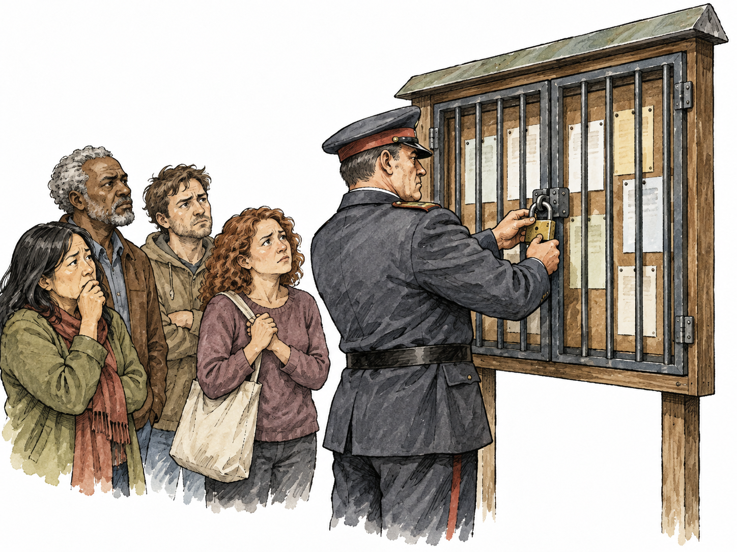 An authoritarian official closes a public noticeboard behind locked bars while diverse adults look concerned.