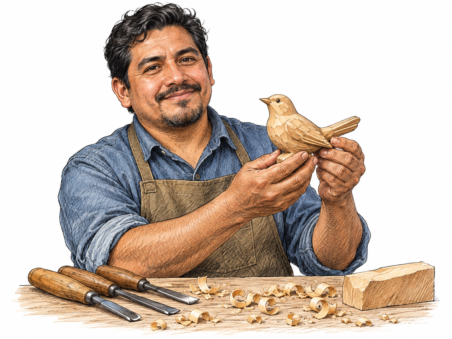 A maker proudly presents a small finished hand-carved wooden bird while the simple carving tools and a few shavings lie nearby, product visibly their own creation.