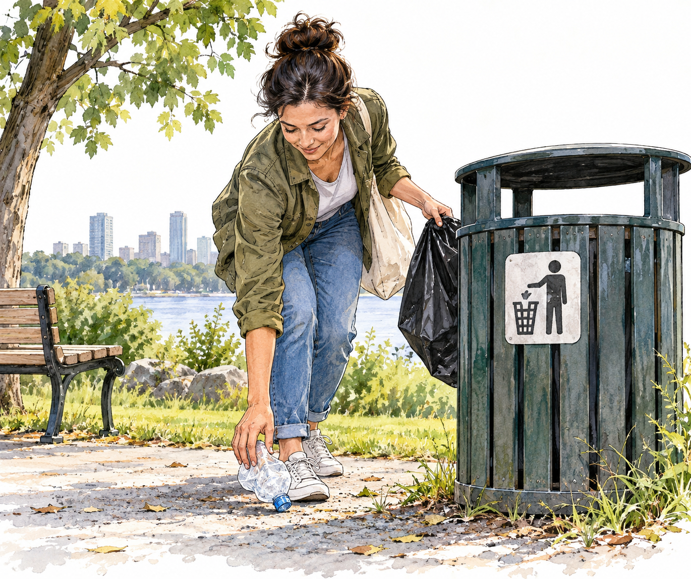 An adult picks up litter and places it in a bin, a concrete action.