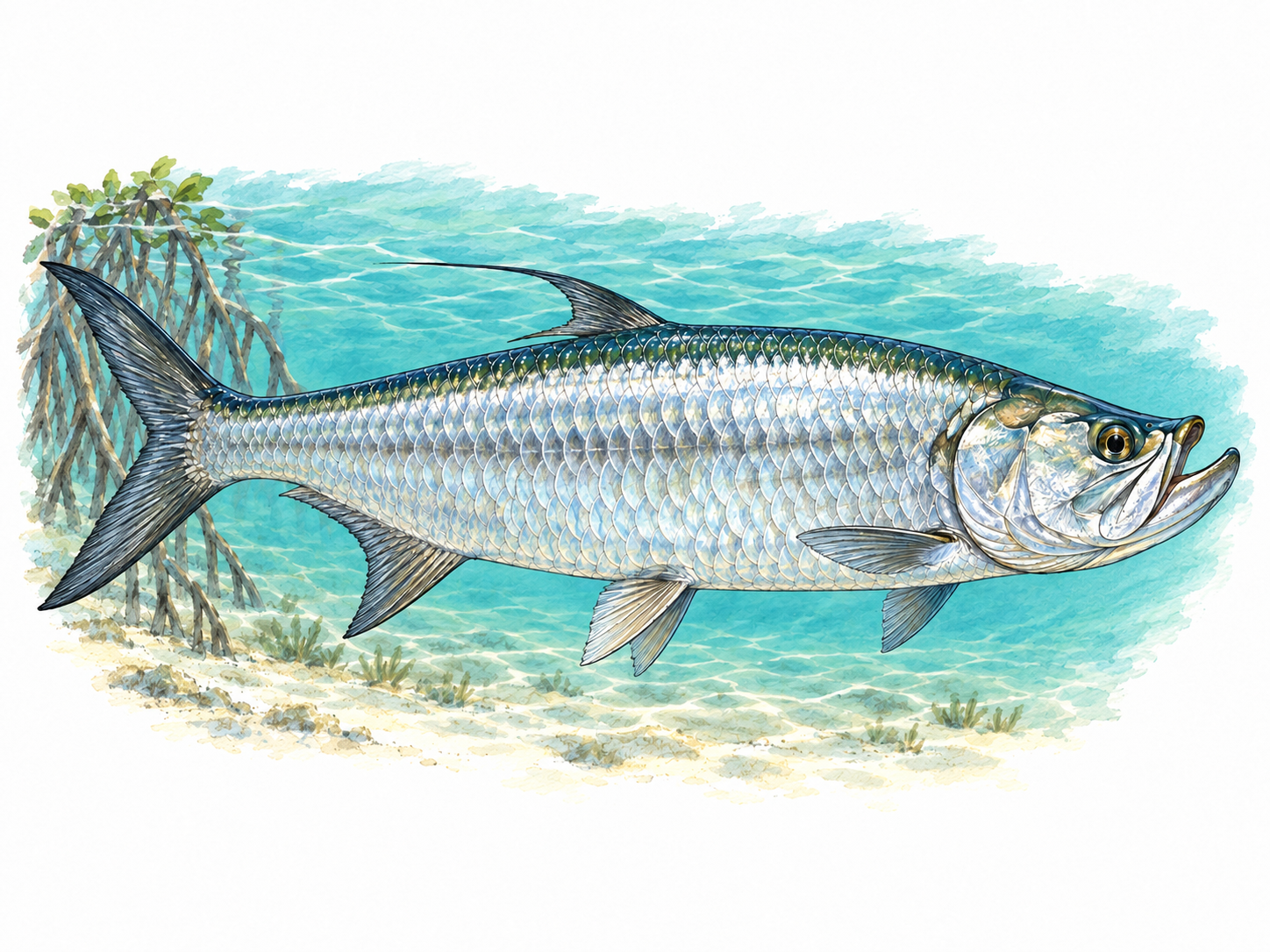 A single large tarpon in clear, shallow coastal water, shown in side profile with its distinctive silver scales, upturned mouth and trailing dorsal-fin ray clearly visible.