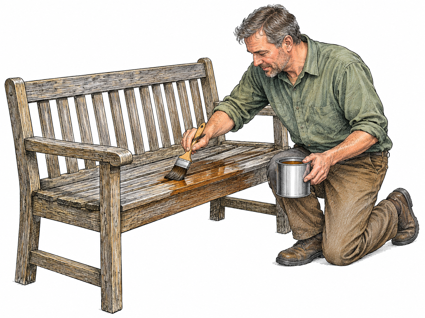 An adult carefully applies a protective coat to an old wooden outdoor bench, keeping its wood in good condition; small brush, plain unlabeled tin, only bench and person against white.
