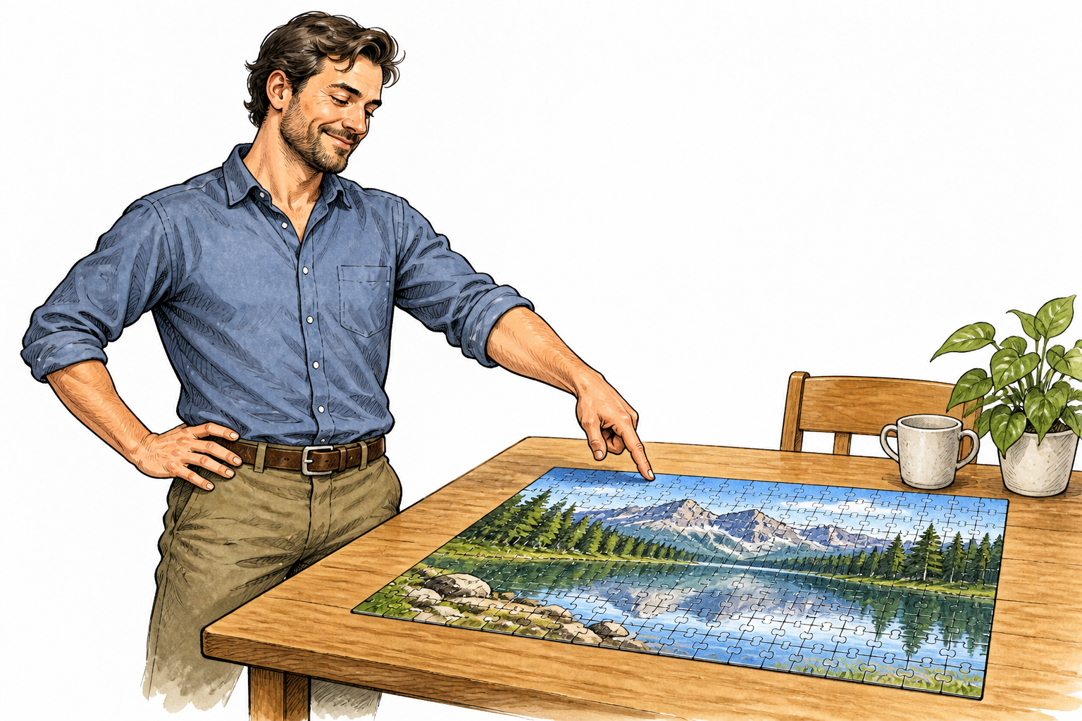 A confident adult points to a clearly completed fitted puzzle, calmly certain all pieces are correct, no writing.